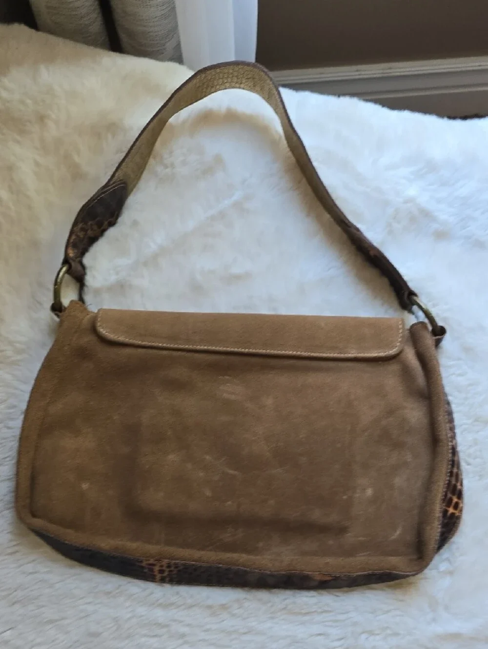 Studded Suede Shoulder Bag in Brown and Gold